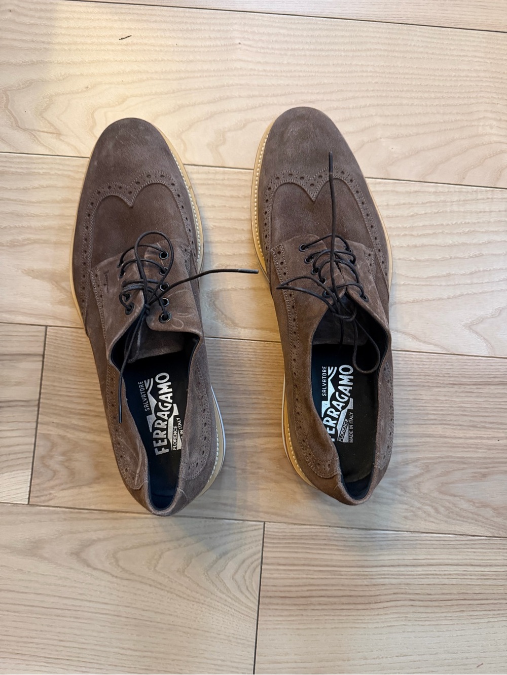 Salvatore Ferragamo Brown Suede Wingtip Derby Shoes